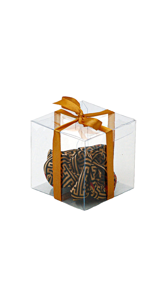 Clear gift box with a swastika patterned item and gold ribbon on a white background