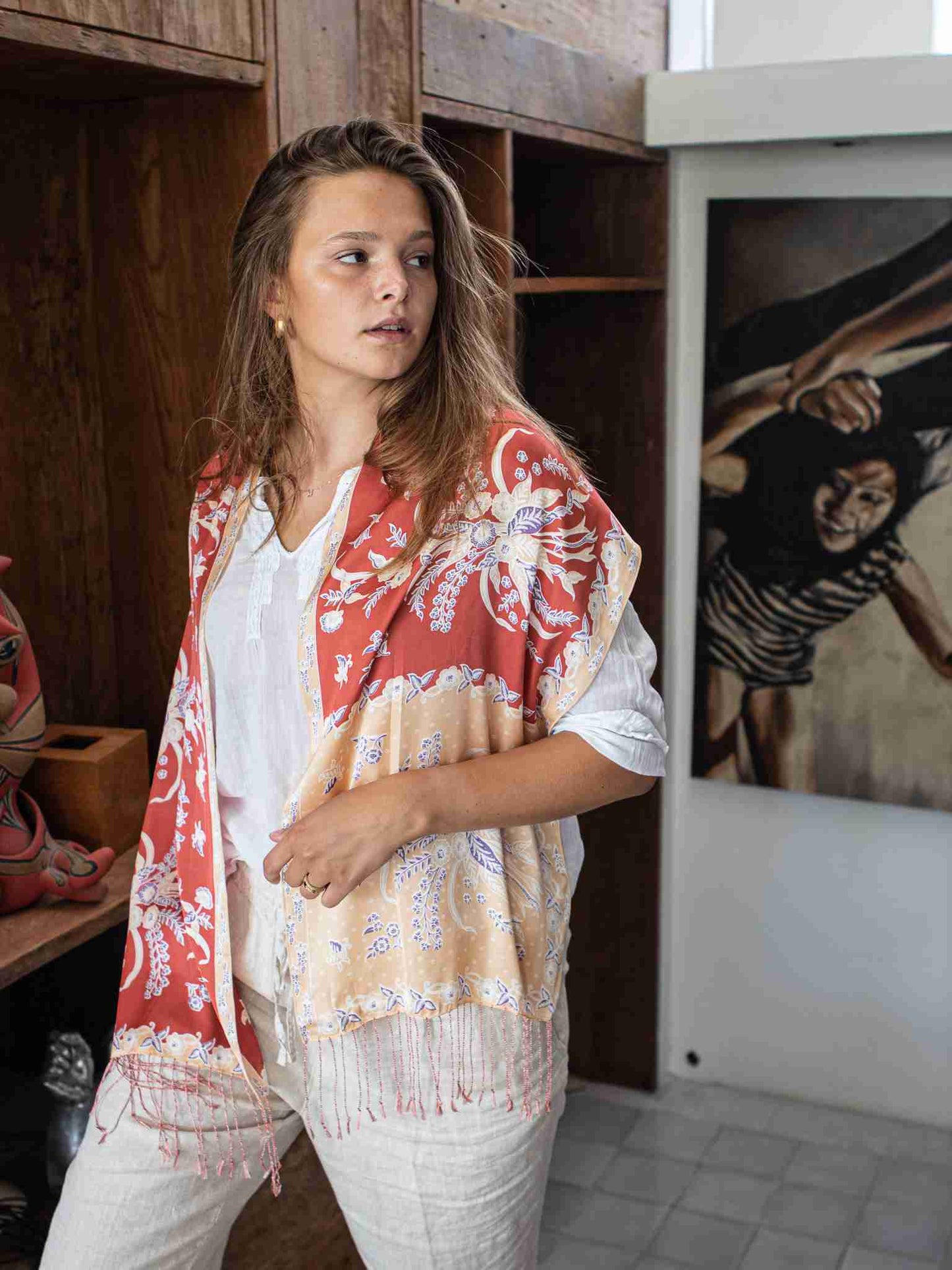 Scarf Fringe In Red in Model 4th Pose