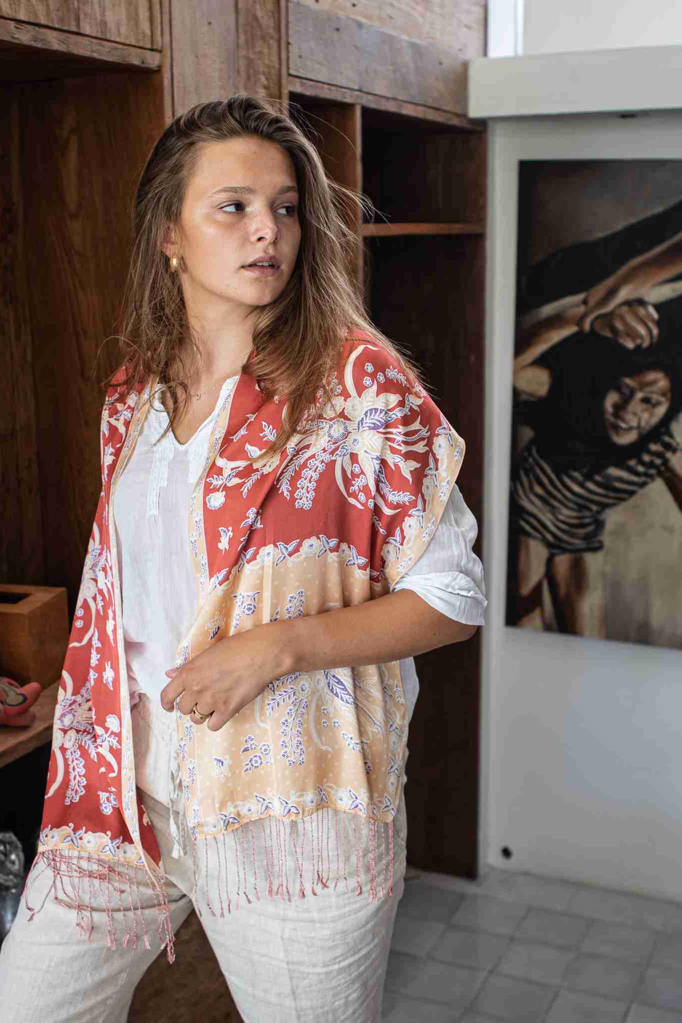 Scarf Fringe In Red in Model 4th Pose