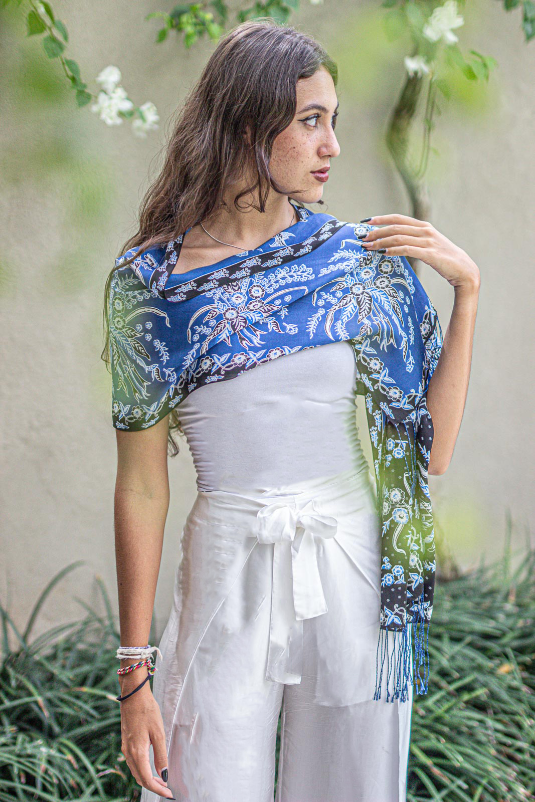 Scarf Fringe In Petrol in Model 5th Pose