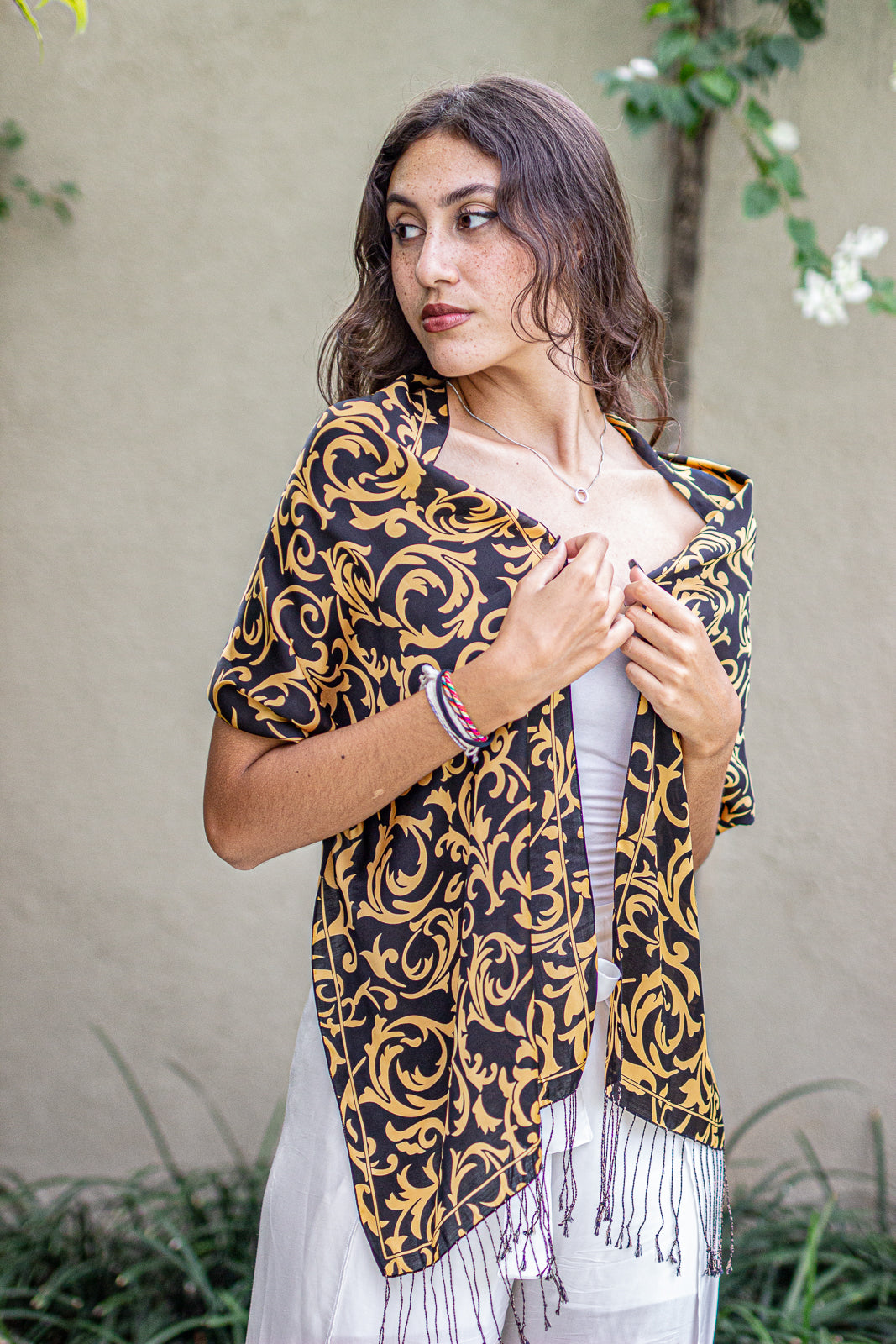 Scarf Fringe In Lamora Black in Model 4th Pose