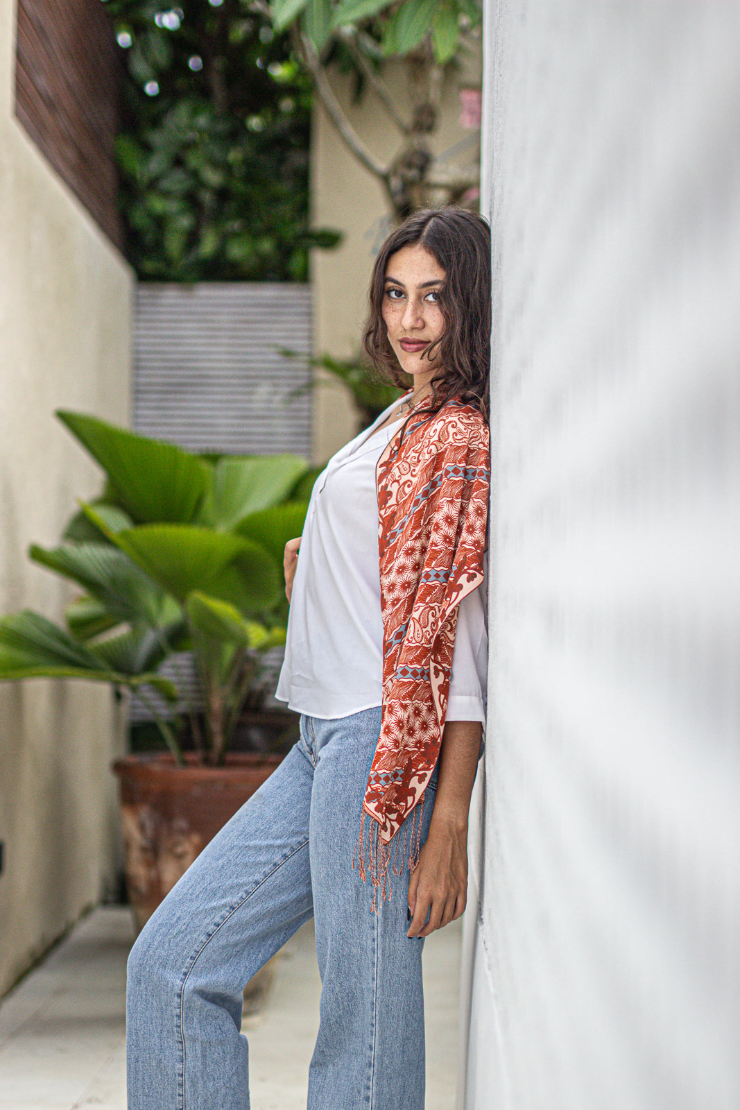 Scarf Fringe In Lengko Red in Model 3rd Pose