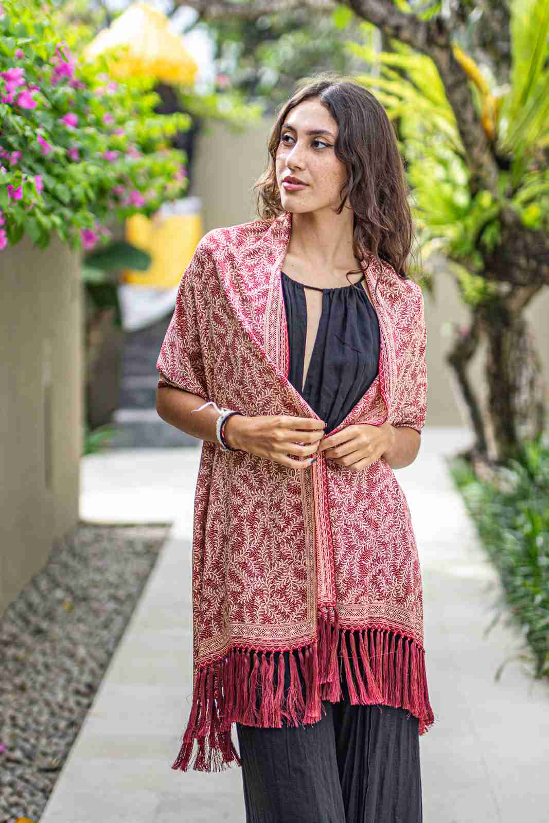 Shawl In The Daun Asem Red in Model 3rd Pose