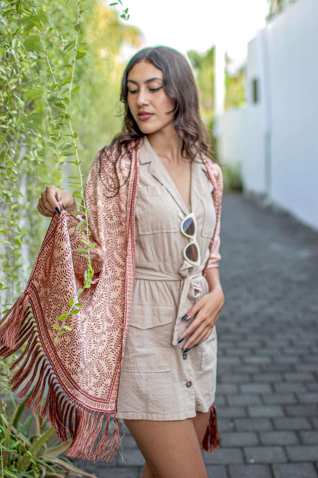 Shawl In Daun Asem Plus Red in Model 3rd Pose