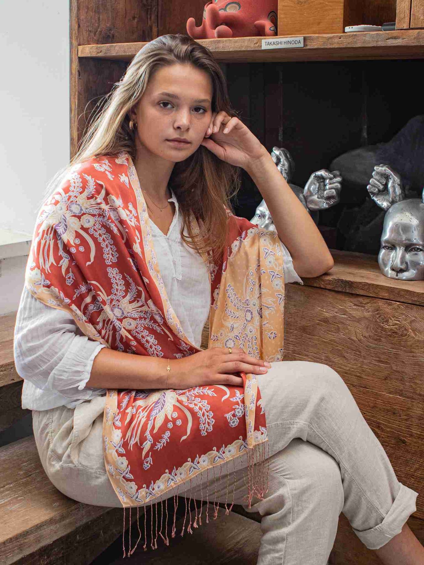 Scarf Fringe In Red in Model 2nd Pose