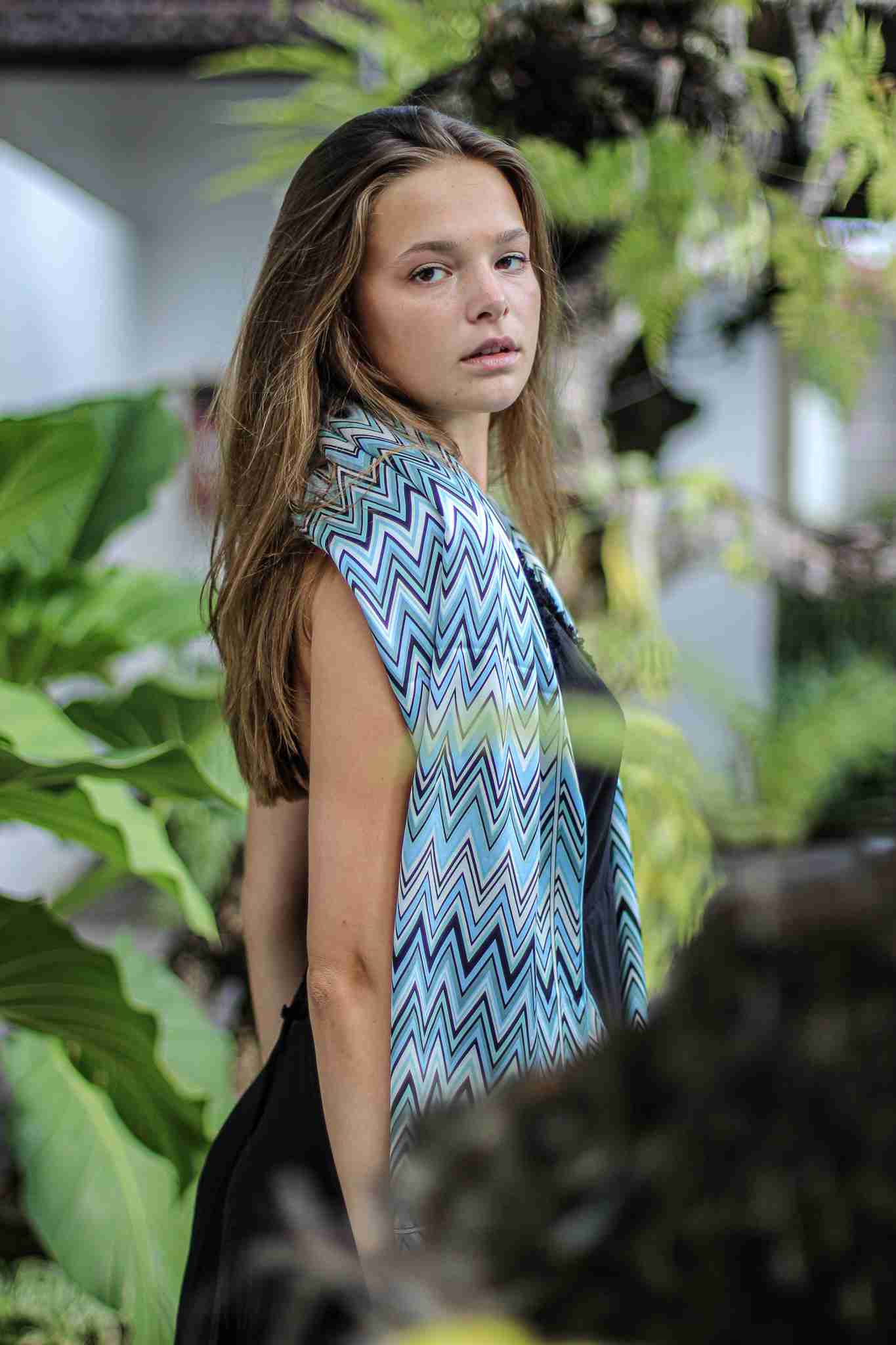 Scarf Fringe In Zigzag Blue in Model 2nd Pose