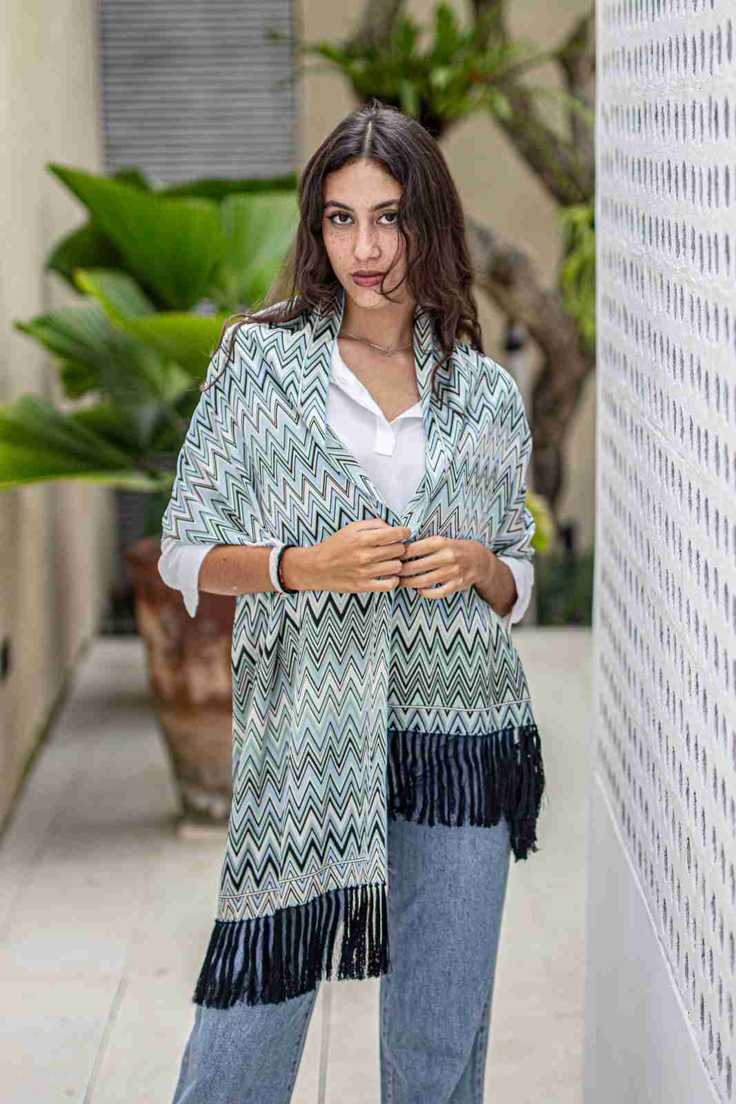 Shawl In Zigzag Blue in Model 2nd Pose