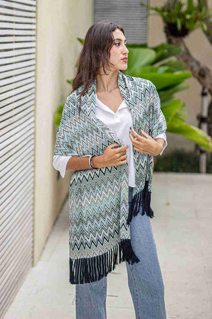 Shawl In Zigzag Blue in Model 3rd Pose