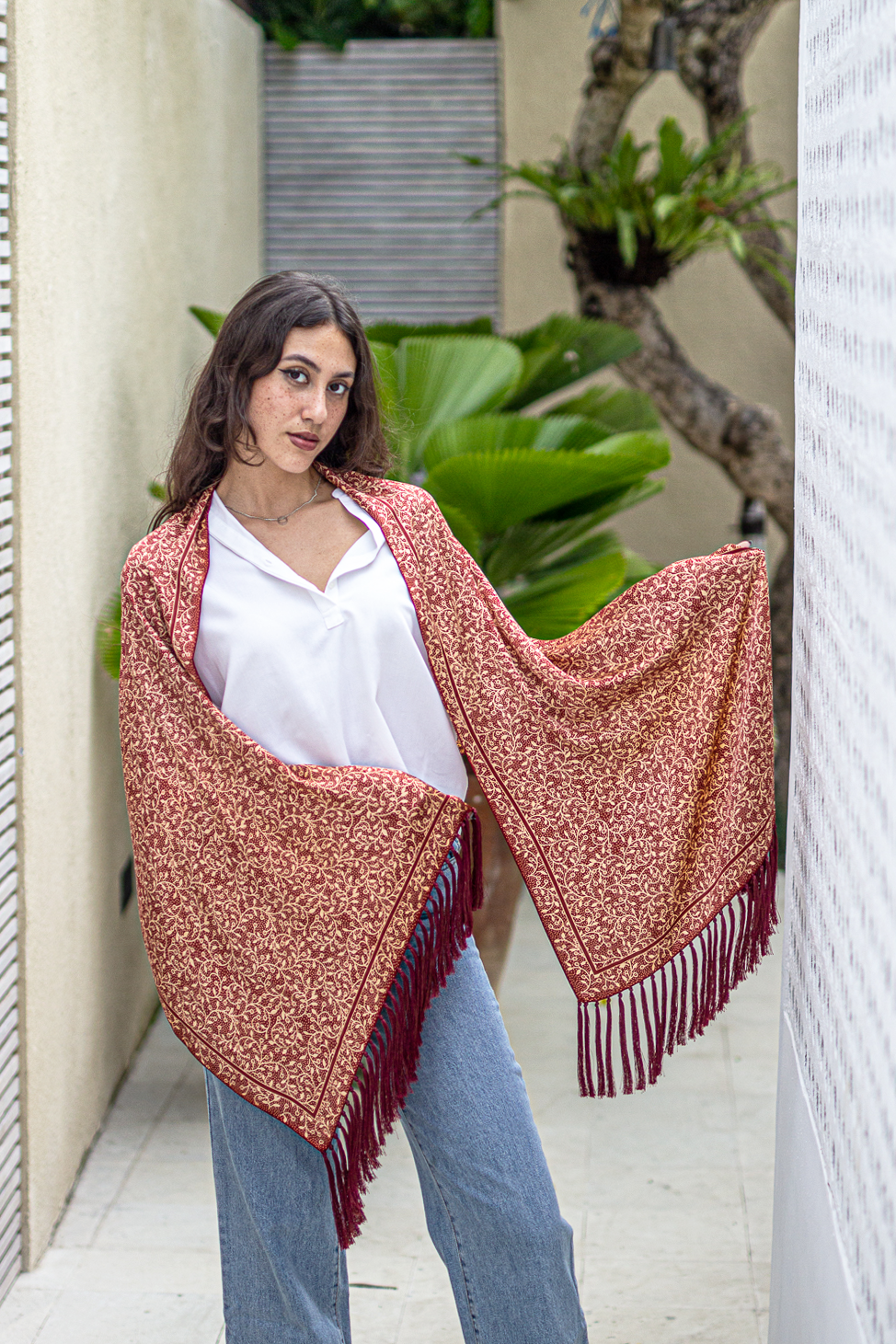 Shawl In Cirebon Red in Model 3rd Pose